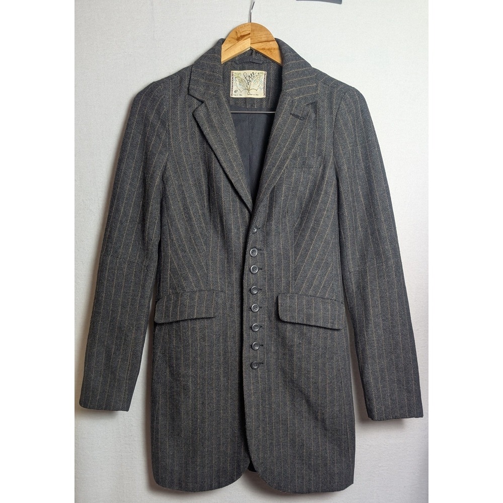Free People women Grey Herringbone Pinstripe Longline Blazer Jacket Size 6